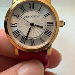 Women's Cabochon Analog Dress Watch Red Leather Band Rose Gold Tone Case R9